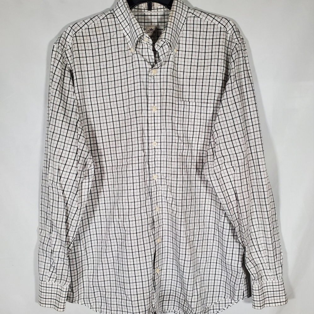 PETER MILLAR BROWN WHITE PLAID BUTTON DOWN LONG SLEEVE GOLF SHIRT